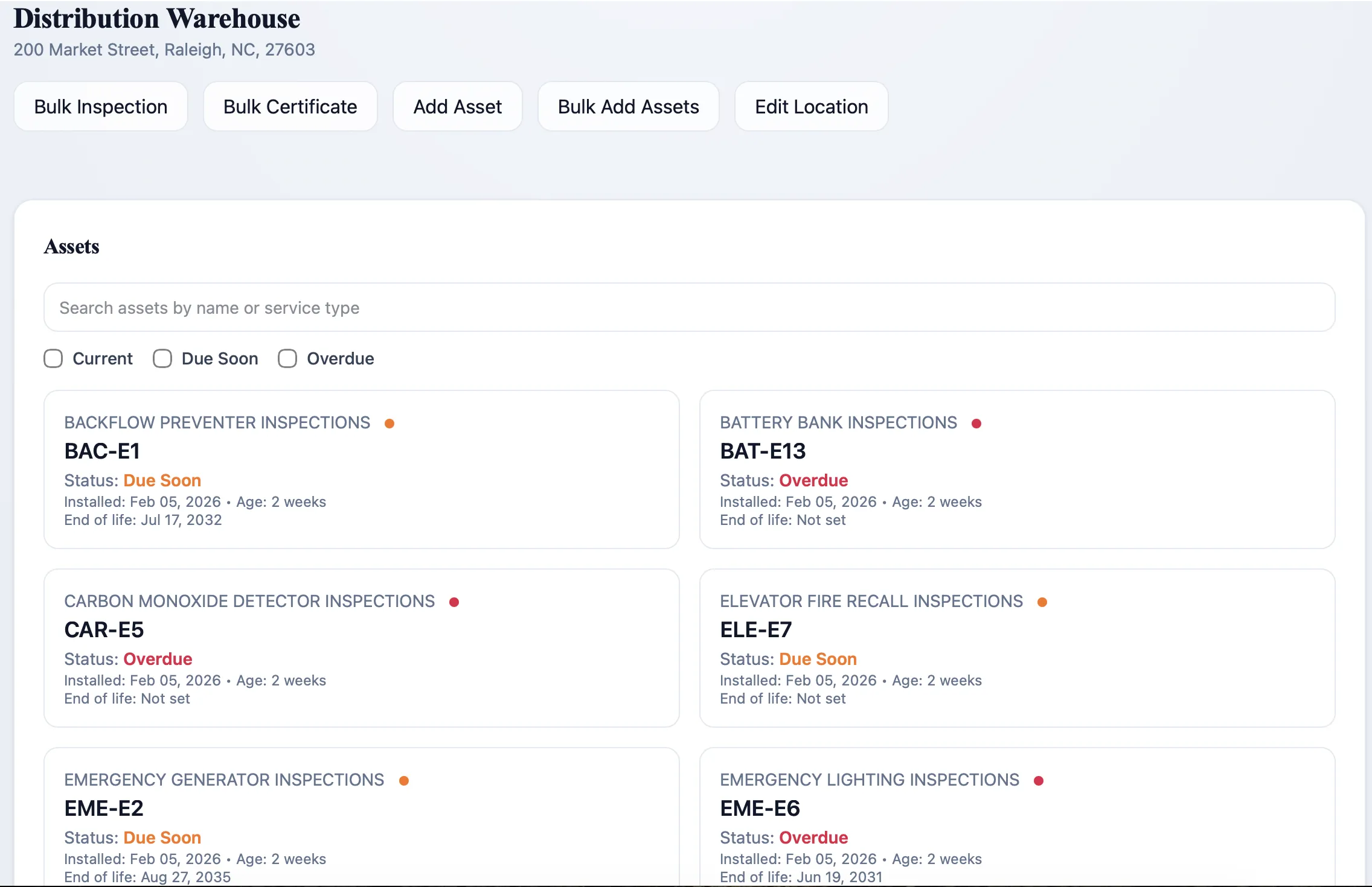 Location page showing inspection status for fire extinguishers, elevators, and emergency lighting assets