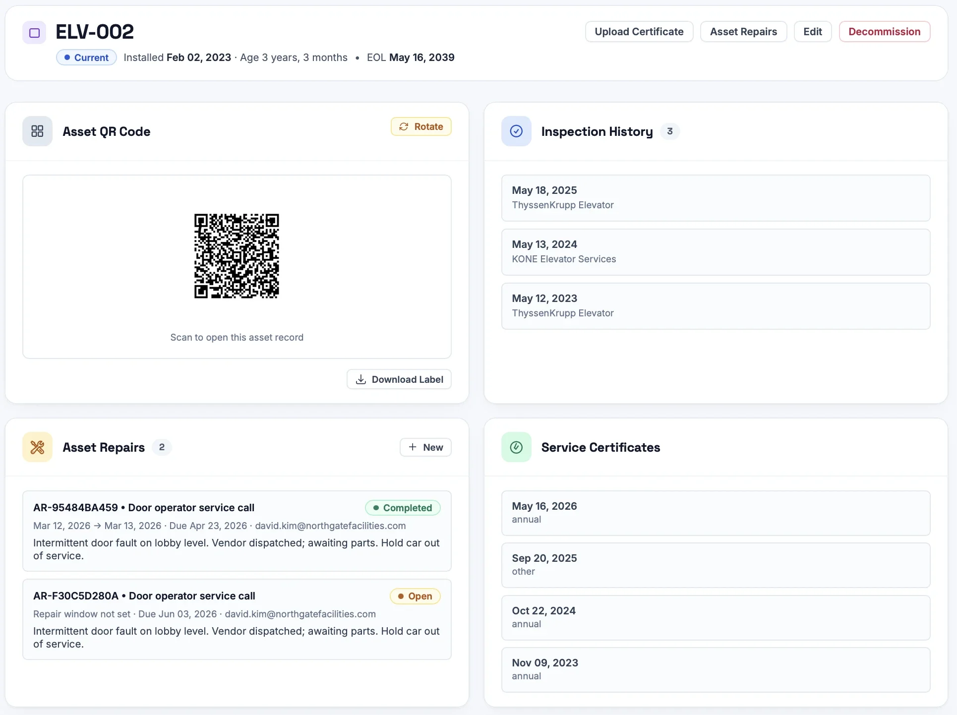 Asset record showing QR code label, inspection history, and certificates