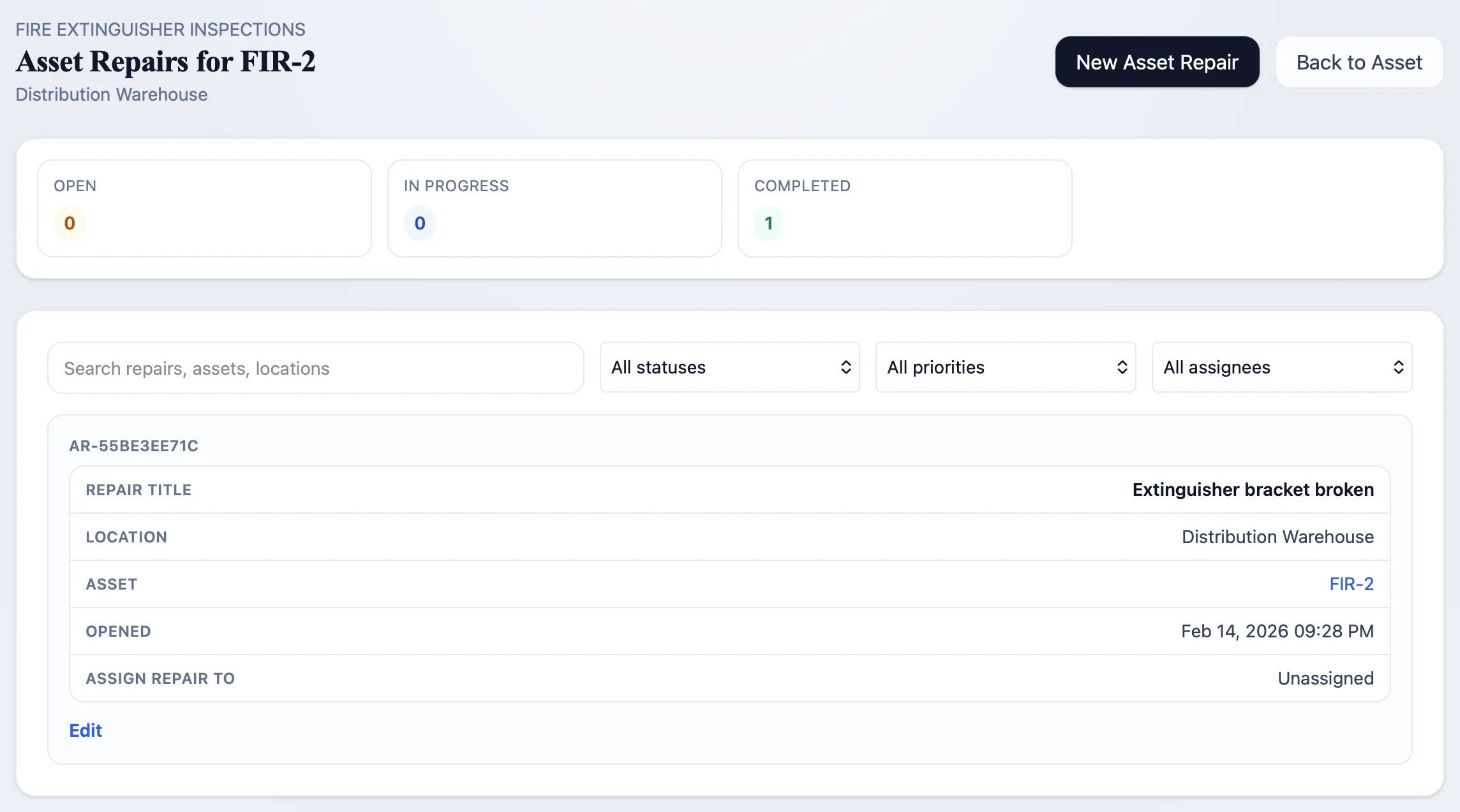 Asset repair case tracking with status, priority, and assignment fields