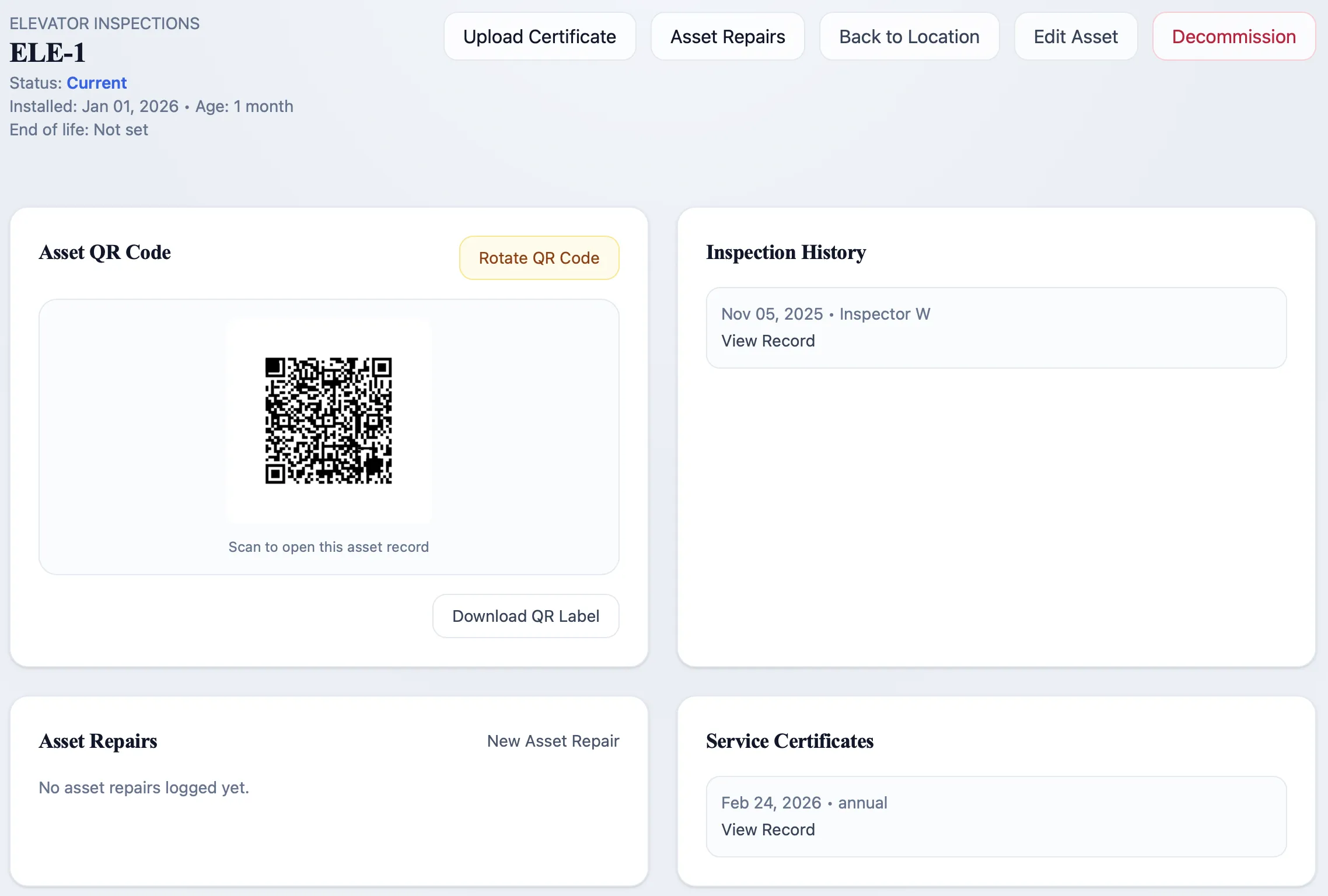 Asset record showing QR code label, inspection history, service certificates, and repair cases